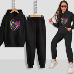 Neon Heart Printed Women Hoodie Set