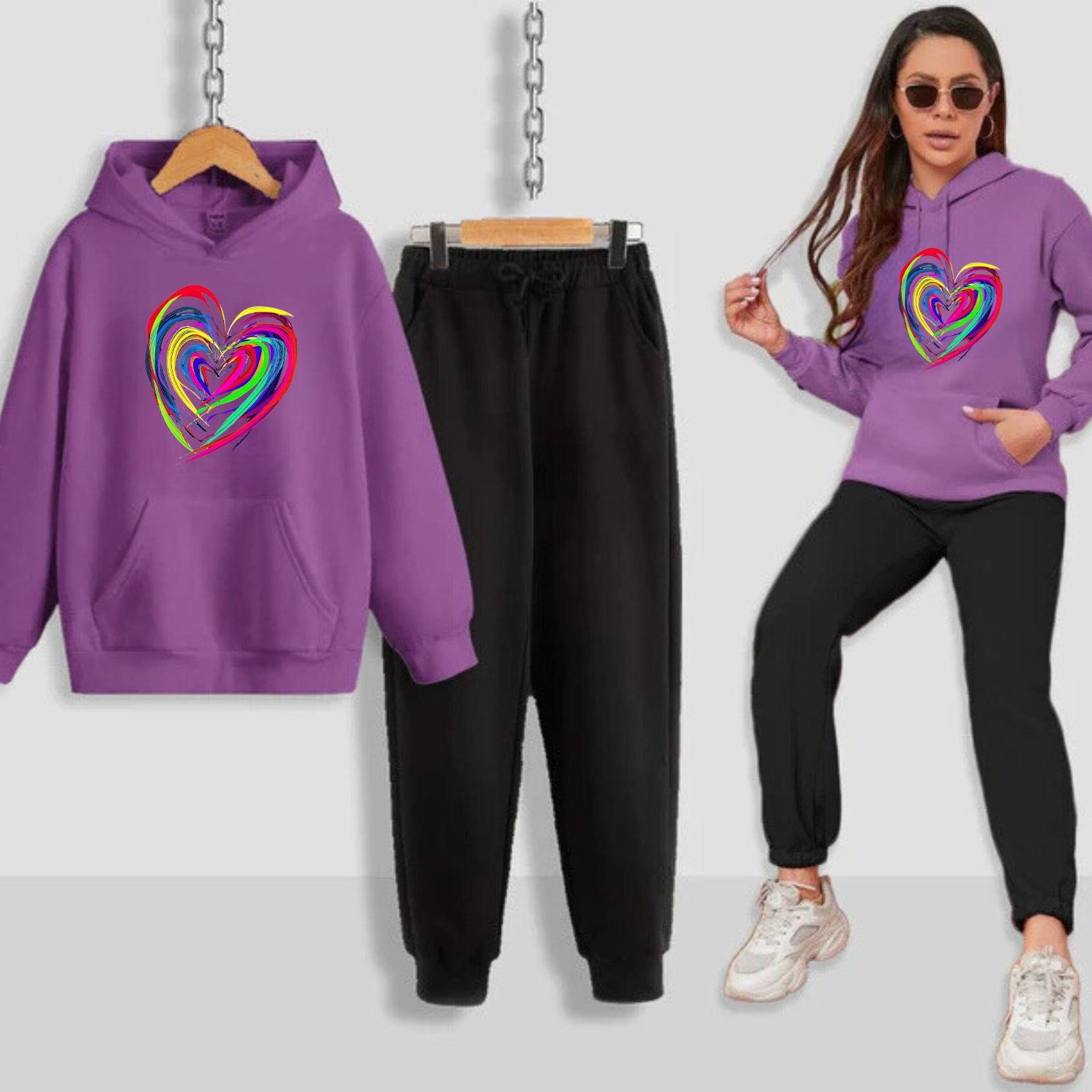 Neon Heart Printed Women Hoodie Set