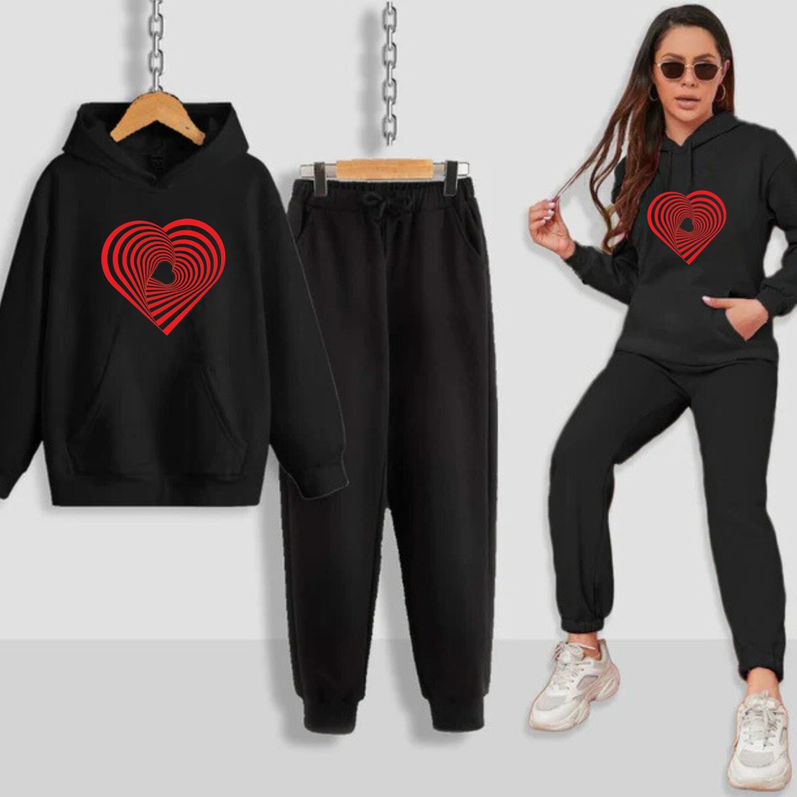 Geometrical Heart Printed Women Hoodie Set