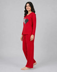 Women V Neck Lounge Wear | Black Heart - Red