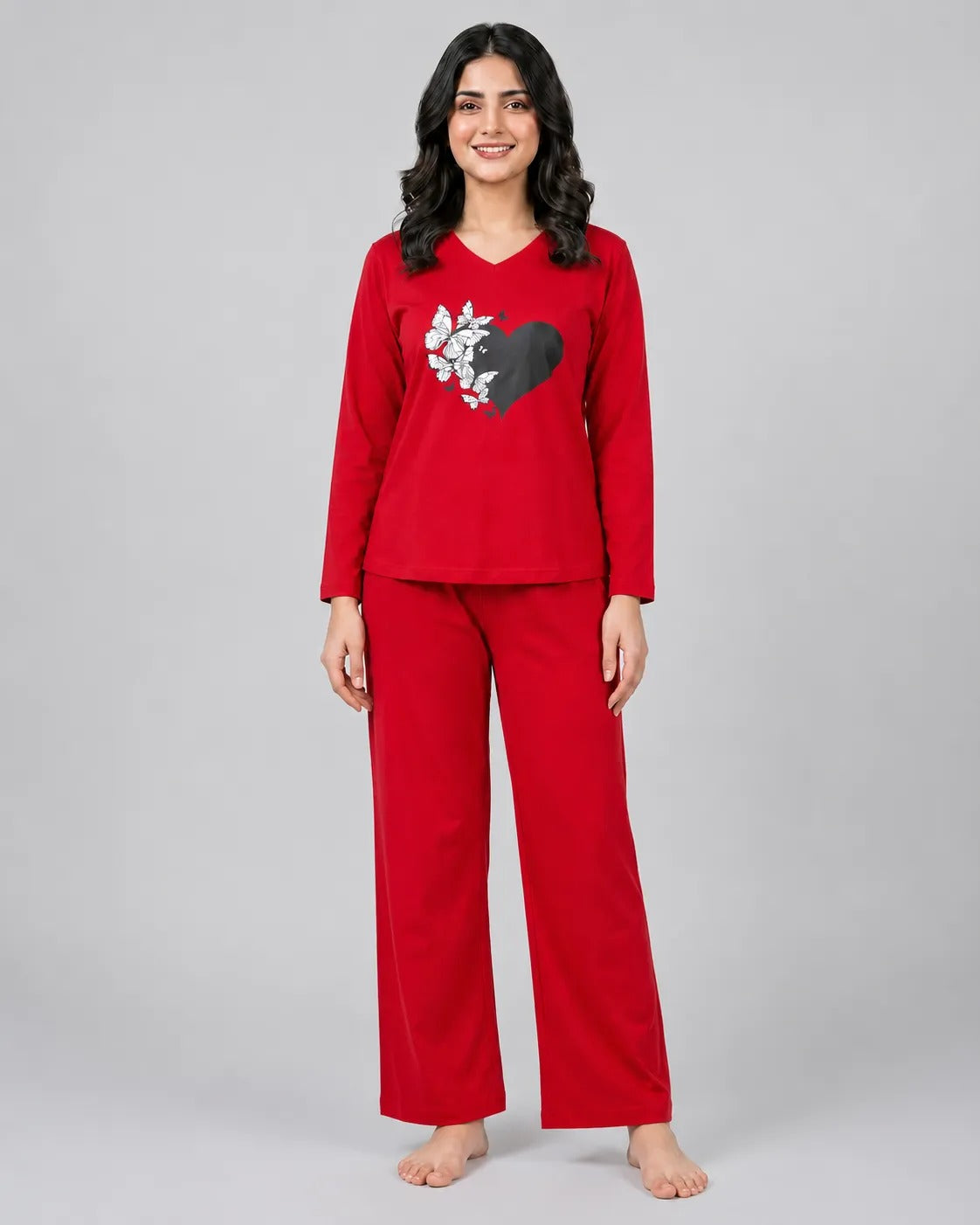 Women V Neck Lounge Wear | Black Heart - Red