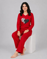 Women V Neck Lounge Wear | Black Heart - Red
