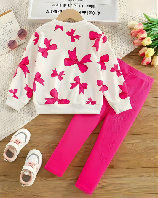 Girls Pink Bow Print Sweatshirt & Leggings Set