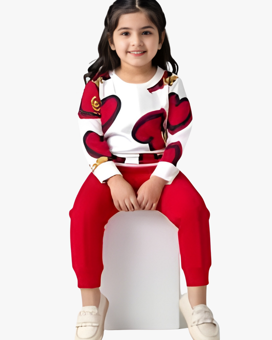 Girls Red Heart Print Sweatshirt & Jogger Set