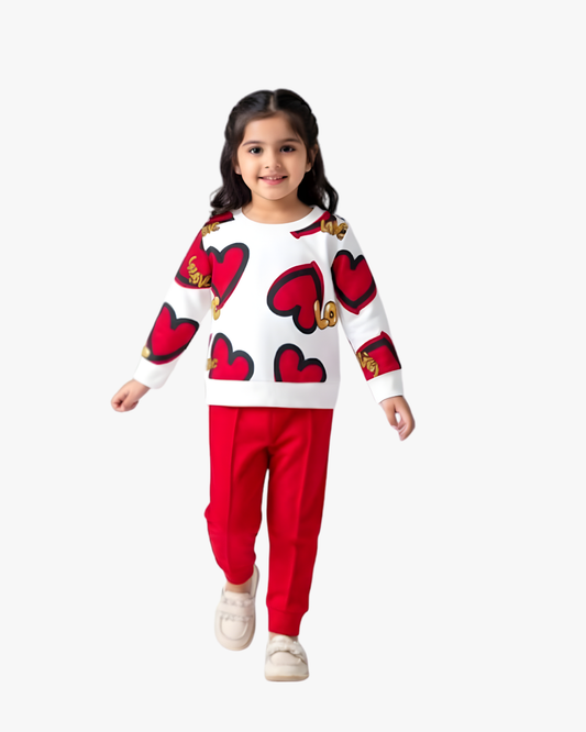 Girls Red Heart Print Sweatshirt & Jogger Set