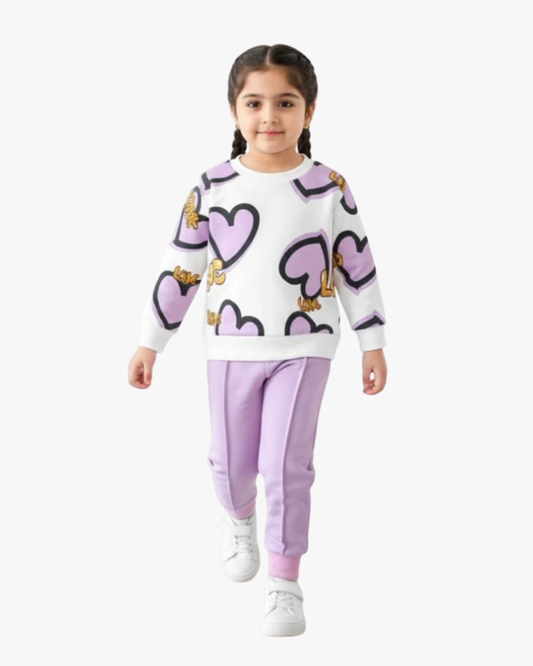 Girls Lavender Heart Print Sweatshirt & Jogger Set