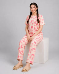 Women Peach Bow Print Tee & Trouser Co-Ord Set