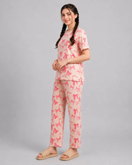 Women Peach Bow Print Tee & Trouser Co-Ord Set