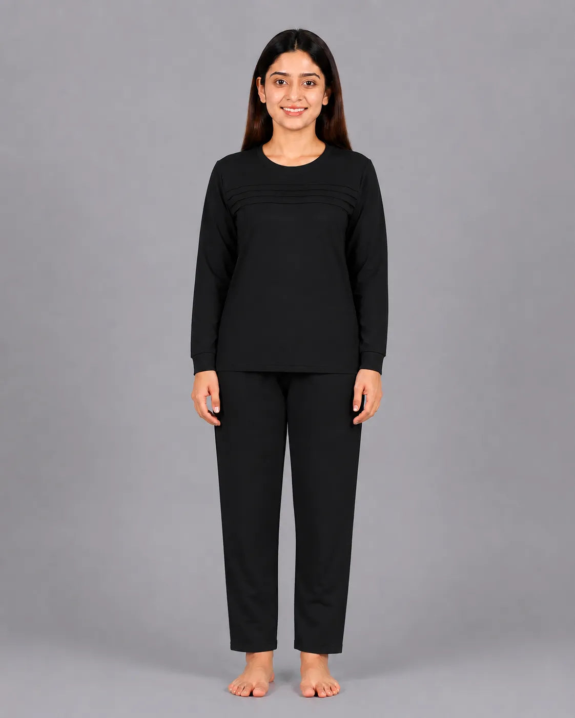 Elegant Pleat Pajama Set - Black