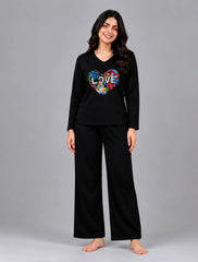 Women V-Neck Lounge Wear | Love Color - Black
