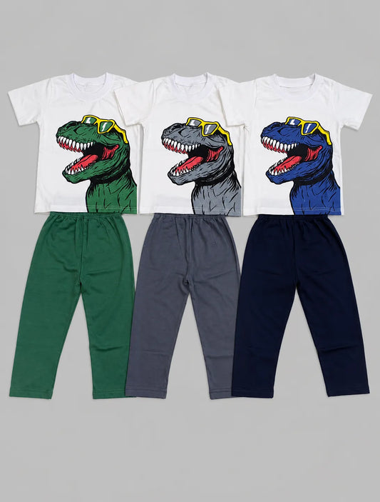 Pack Of 3 Kids Cool Dino Tracksuit | Green, Grey, Navy