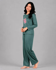 Women Round-Neck Lounge Wear | Flower - Sherwood Green