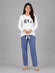 Women Premium 2 Piece Lounge Set | BTS - White & Blue