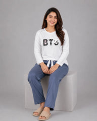 Women Premium 2 Piece Lounge Set | BTS - White & Blue