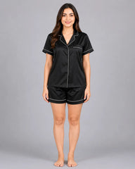 Women Silk 2 Piece Short Set - Black
