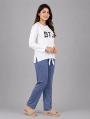 Women Premium 2 Piece Lounge Set | BTS - White & Blue