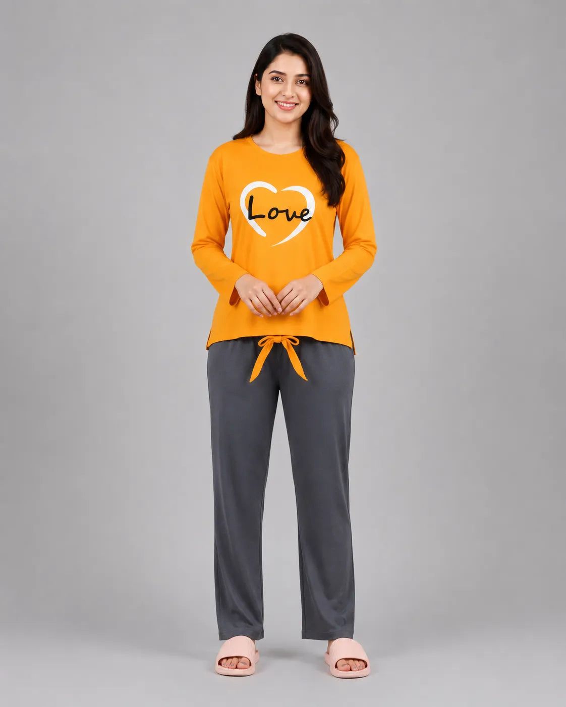 Women Premium 2 Piece Lounge Set | Love Heart - Yellow & Grey