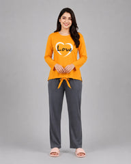 Women Premium 2 Piece Lounge Set | Love Heart - Yellow & Grey