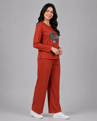 Women Round-Neck Lounge Wear | Love Color - Rusty