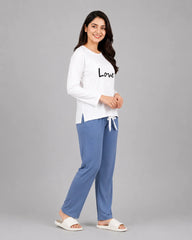 Women Premium 2 Piece Lounge Set | Love Heart - White & Blue