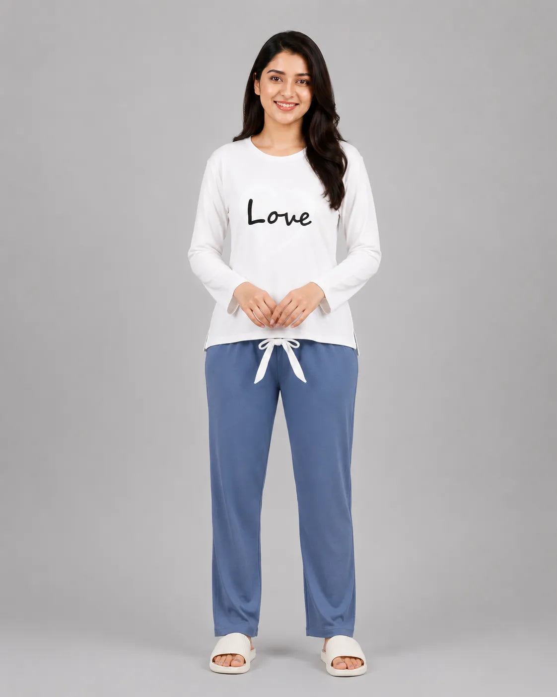 Women Premium 2 Piece Lounge Set | Love Heart - White & Blue