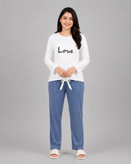 Women Premium 2 Piece Lounge Set | Love Heart - White & Blue