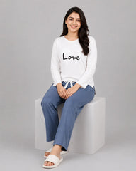 Women Premium 2 Piece Lounge Set | Love Heart - White & Blue