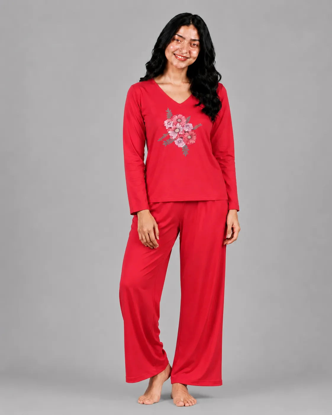 Women V-Neck Lounge Wear | Flower - Red