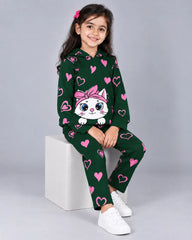 Heart Kitty Hoodie Set - Dark Green