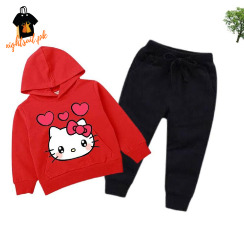 Red Kitty Printed Kids Hoodie Set