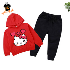 Red Kitty Printed Kids Hoodie Set