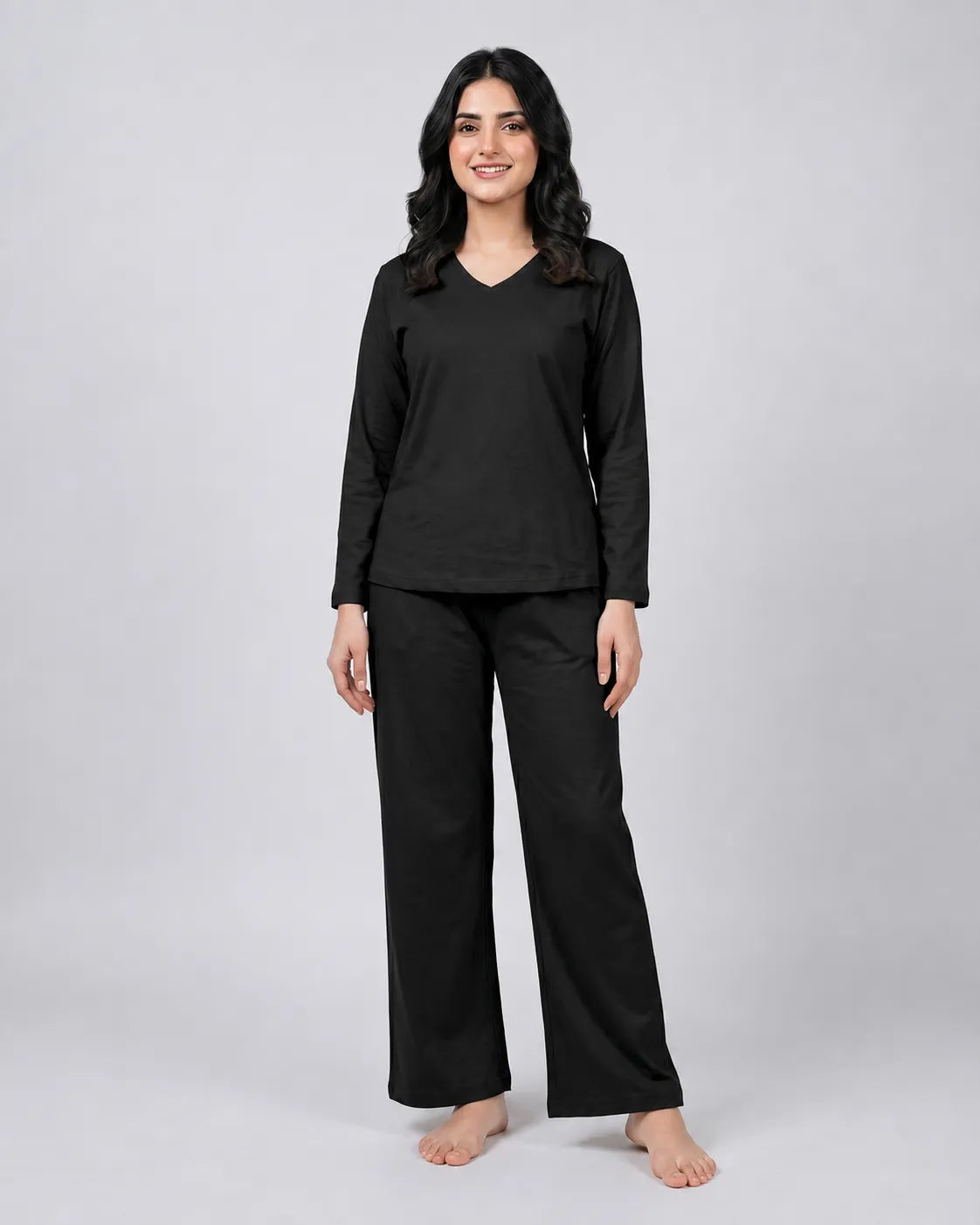 Women V Neck Lounge Wear - Black