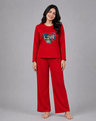 Women Round-Neck Lounge Wear | Love Color - Red