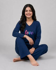Women V-Neck Lounge Wear | Multi Love - Navy Blue