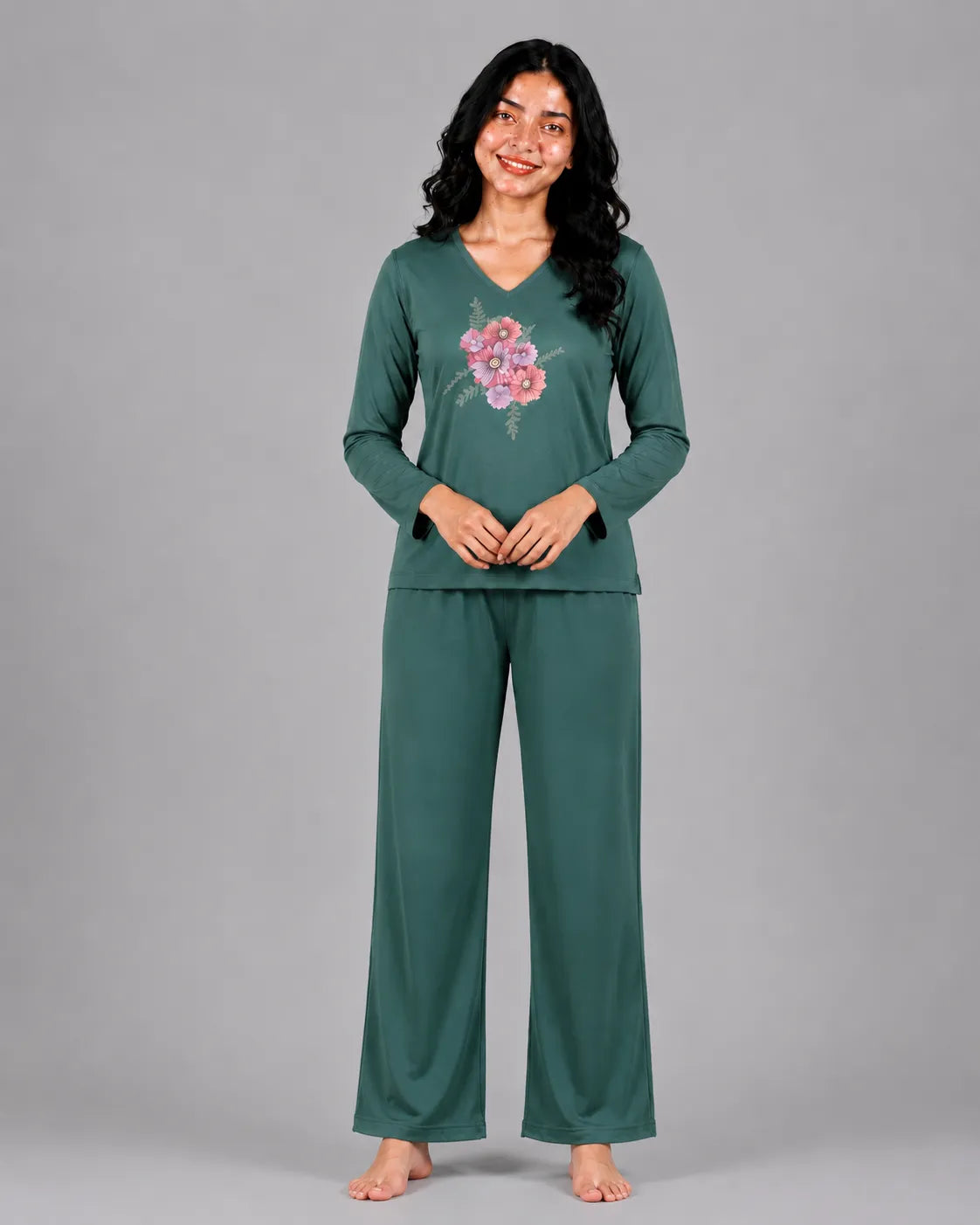 Women V-Neck Lounge Wear | Flower - Sherwood Green