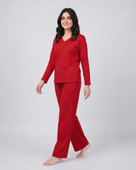 Women V Neck Lounge Wear - Red