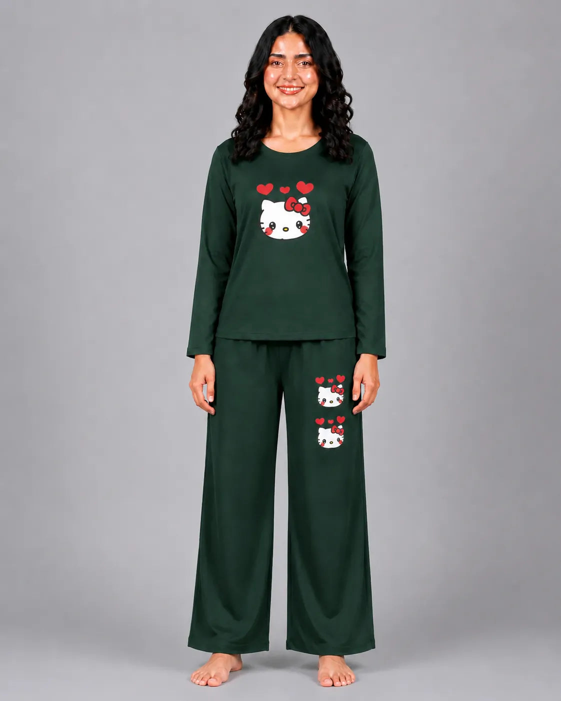 Women Round-Neck Lounge Wear | Hello Kitty - Sherwood Green