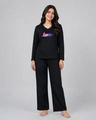 Women V-Neck Lounge Wear | Multi Love - Black