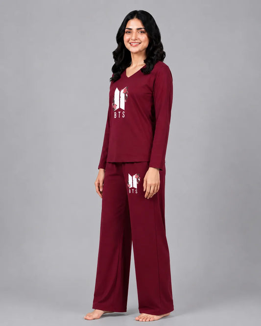 Women V-Neck Lounge Wear | BTS Flower - Maroon