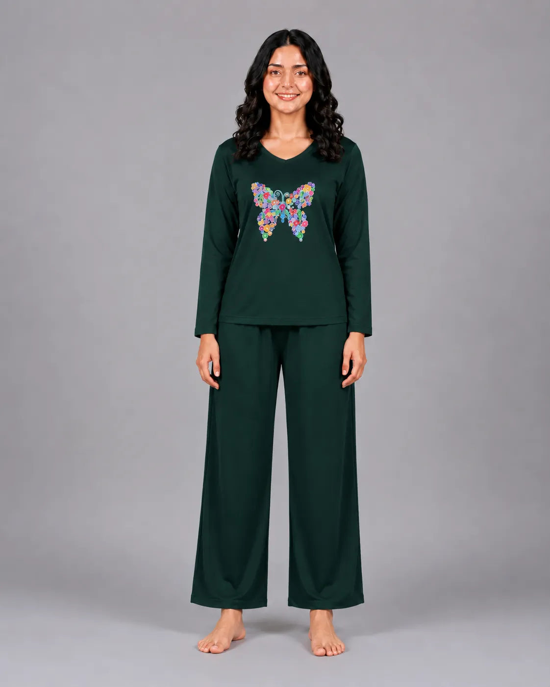 Women V-Neck Lounge Wear | Colored Butterfly - Sherwood Green