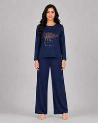 Women Round Neck Lounge Wear | Spring Tree - Navy Blue