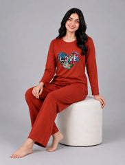 Women Round-Neck Lounge Wear | Love Color - Rusty