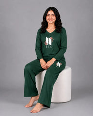 Women V-Neck Lounge Wear | BTS Flower - Sherwood Green