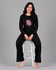 Women Round-Neck Lounge Wear | Flower - Black