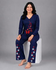 Women V-Neck Lounge Wear | Red Butterfly - Navy Blue