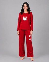 Women Round-Neck Lounge Wear | Hello Kitty - Red