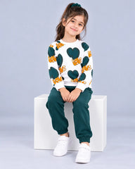 Girls Green Heart Print Sweatshirt & Jogger Set