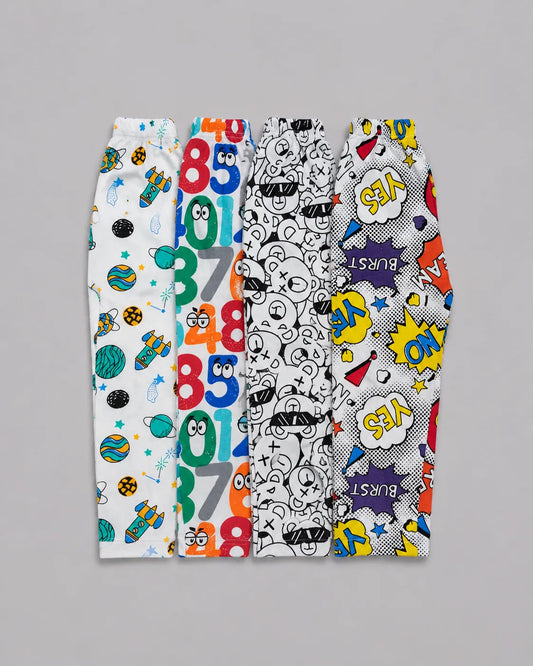 Pack Of 4 Kids Trouser | Space, Numbers, Cartoon & Pop Art