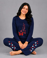 Women Round-Neck Lounge Wear | Red Butterfly - Navy Blue