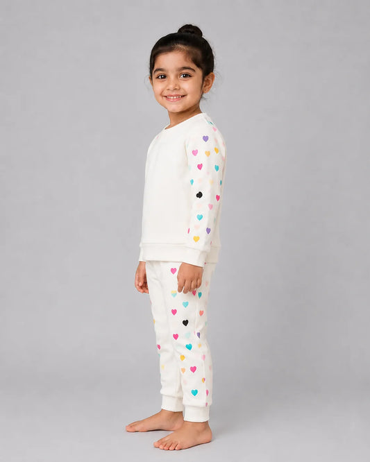 Colourful Heart Printed Sweatshirt Set | white